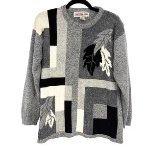 Crystal-Kobe Vintage Color Block Leaf Silk Angora Rabbit Hair Blend Gray Sweater